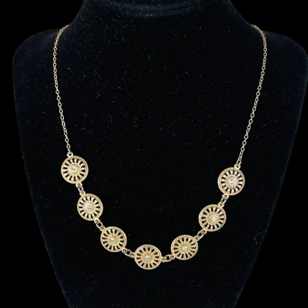 Vintage Style Gold Tone Sunburst Necklace with Rhinestones Adjustable 14-18"